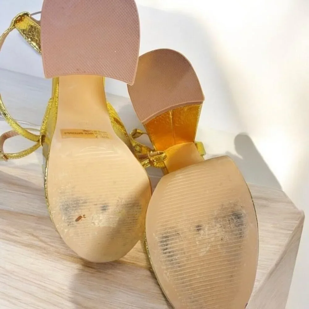 Lulus Bow Platform Ankle Strap Heels Gold Metallic Size 7M - Picture 6 of 13